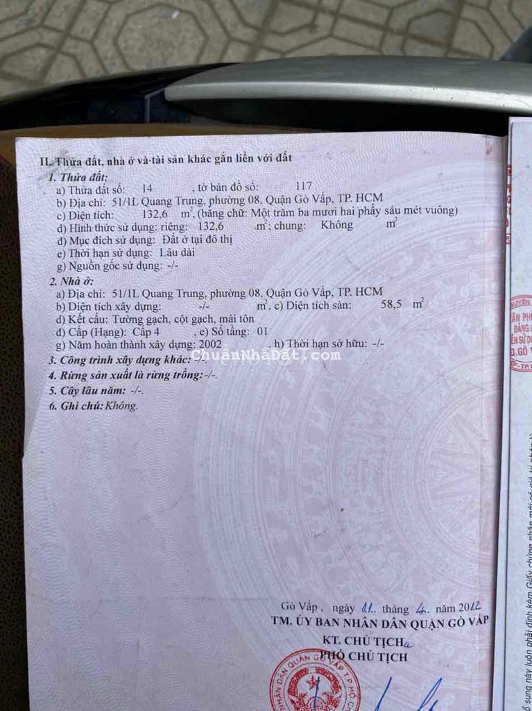 BÁN NHÀ MẶT TIỀN CHÍNH CHỦ ĐC: 1220 QUANG TRUNG, PHƯỜNG 08, GÒ VẤP