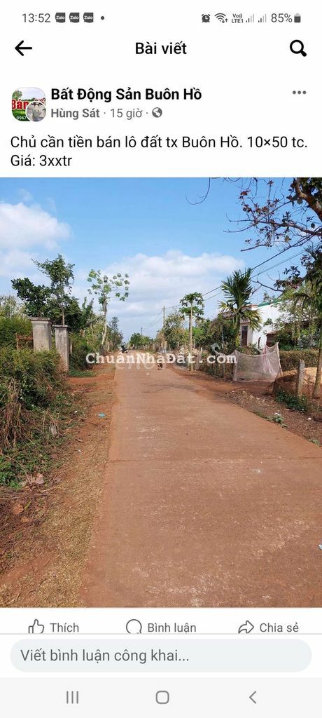 BÁN 10×50 THỔ CƯ 60M2. GIÁ: 370TR. KHU DÂN CƯ. QUỐC LÔ 120M. BUÔN HỒ BÁN 10×50 THỔ CƯ 60M2. GIÁ: 370TR. KHU DÂN CƯ. QUỐC LÔ 120M. BUÔN HỒ