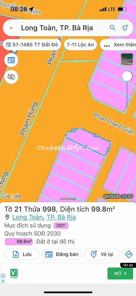 LÔ GÓC 2 MẶT TIỀN ĐƯỜNG PHẠM HÙNG P.LONG TOÀN TP BÀ RỊA 6X16 100M2 TC