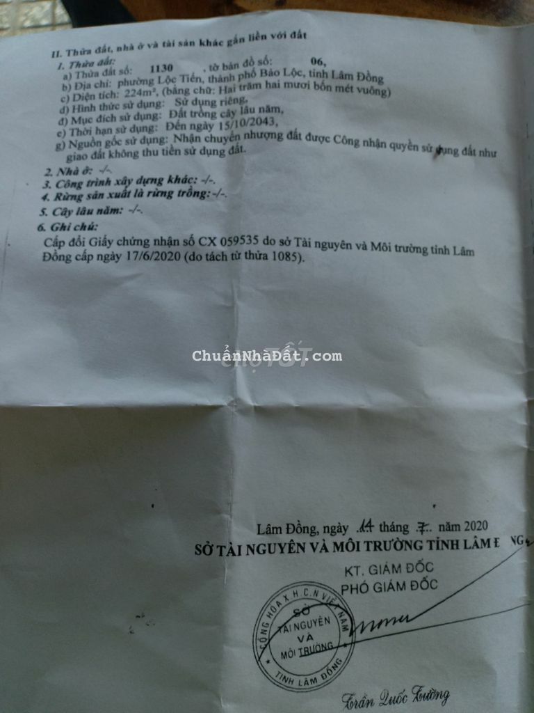 Bán đất Phường Lộc Tiến, Bảo Lộc. 10x24m. Đường nhựa 8m .