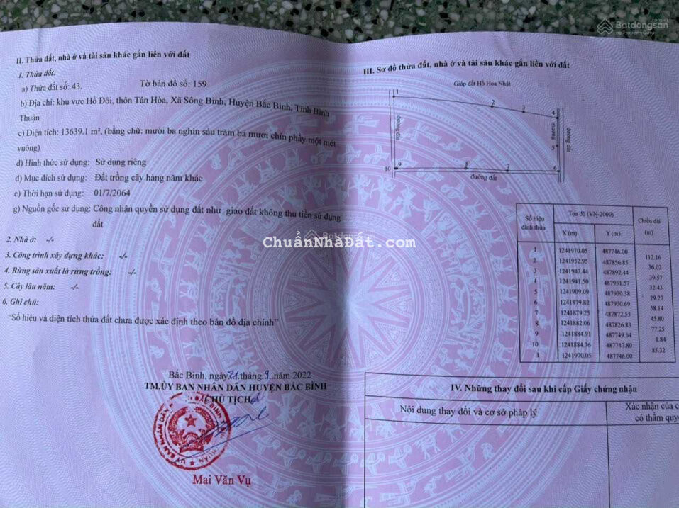 Bán gấp lô 4 Mặt tiền đường liên xã, 13639m2, đường oto tới đất, ngay khu dân cư, giá 185.000đ/m2