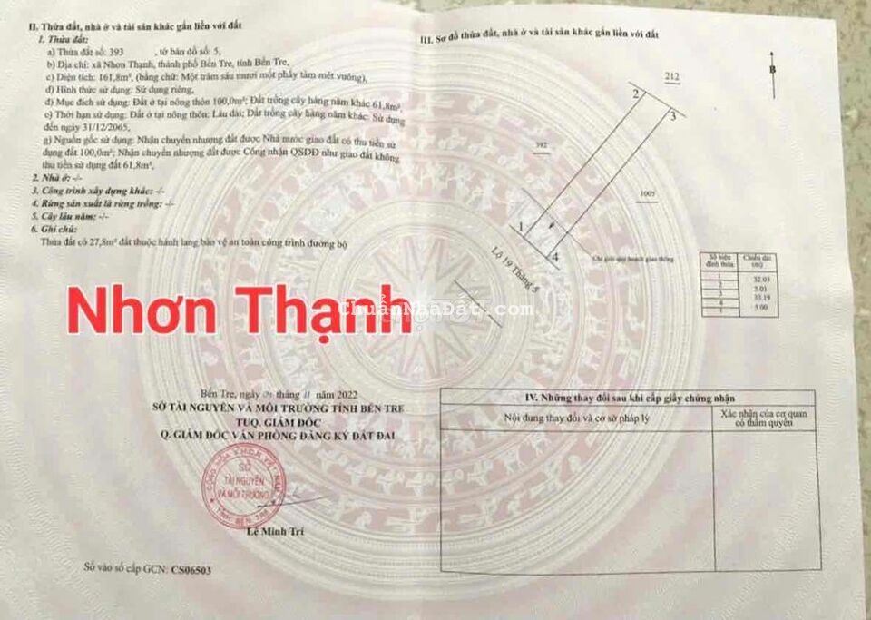 Bán nền mặt tiền đường 19/5 có 100m2 thổ cư Nhơn Thạnh, TP Bến Tre