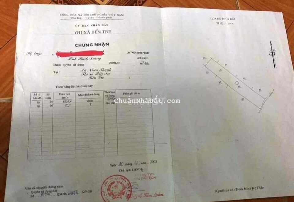 Bán 6000m2 đất vườn dừa có sẵn 300m2 thổ Nhơn Thạnh, TP Bến Tre