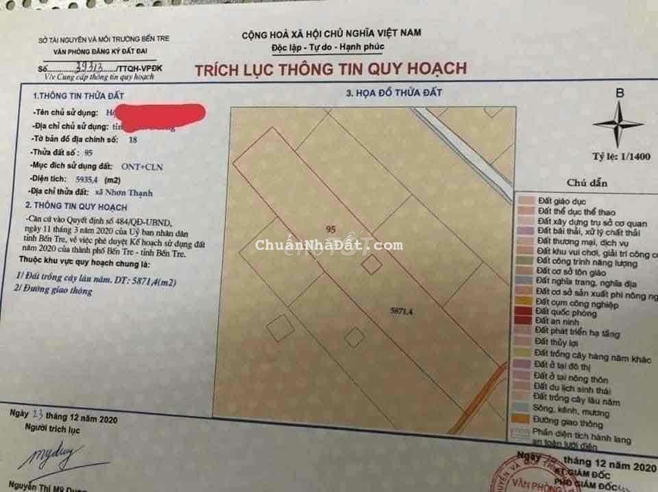 Bán 6000m2 đất vườn dừa có sẵn 300m2 thổ Nhơn Thạnh, TP Bến Tre