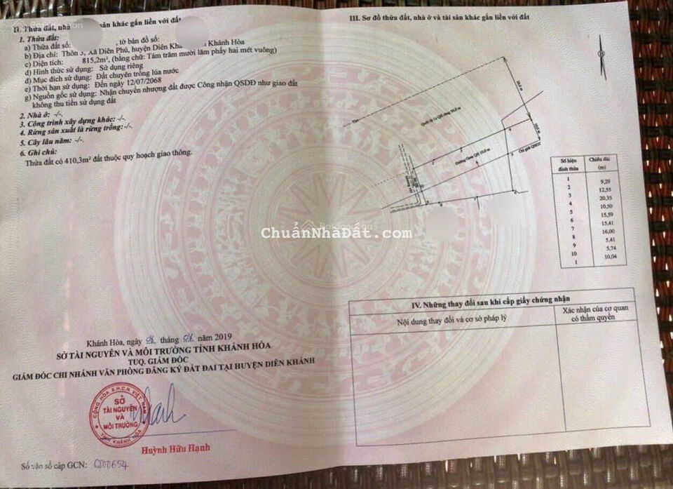 Bán đất mặt đường Quốc lộ 1A, Xã Diên Phú, Diên Khánh, Khánh Hoà. DT: 815m2. Sổ hồng. Giá: 1,5 tỷ Bán đất mặt đường Quốc lộ 1A, Xã Diên Phú, Diên Khánh, Khánh Hoà. DT: 815m2. Sổ hồng. Giá: 1,5 tỷ