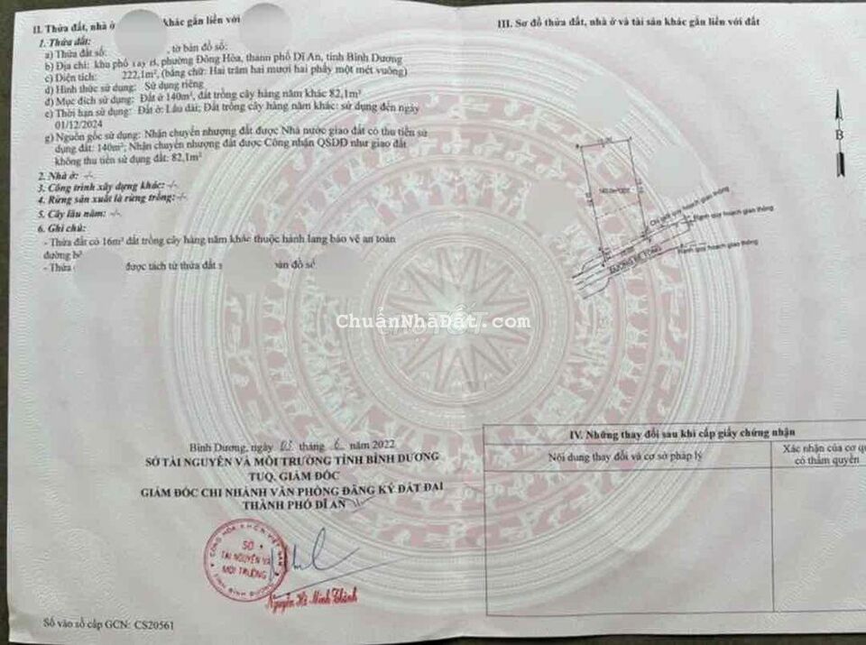 Đất gần BigC Go phường Đông Hoà thành phố Dĩ An 222m2