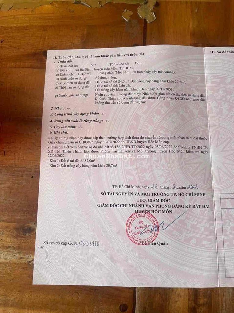 Bán Lô đất thổ cư Bà Điểm ,Gần chợ huế , đường Hậu Lân 1