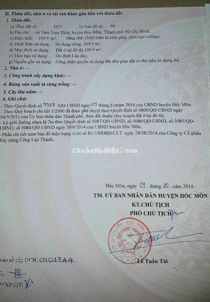 Đất 5x22 đường nhựa 7m hai sẹc Thới Tam Thôn 6 Đất 5x22 đường nhựa 7m hai sẹc Thới Tam Thôn 6