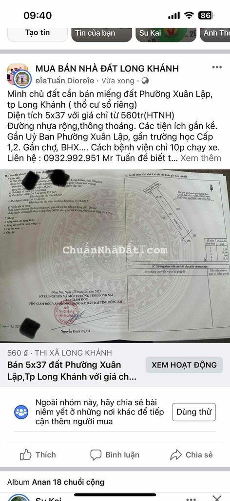 bán đất nền Phường Xuân Lập, diện tích 5x37 giá chỉ 560tr