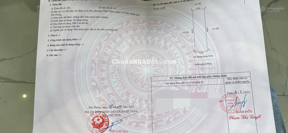 Bán đất TĐC Hồ Sen A51 Vĩnh Niệm, Lê Chân, Hải Phòng. DT 60m2 ngang 4m.