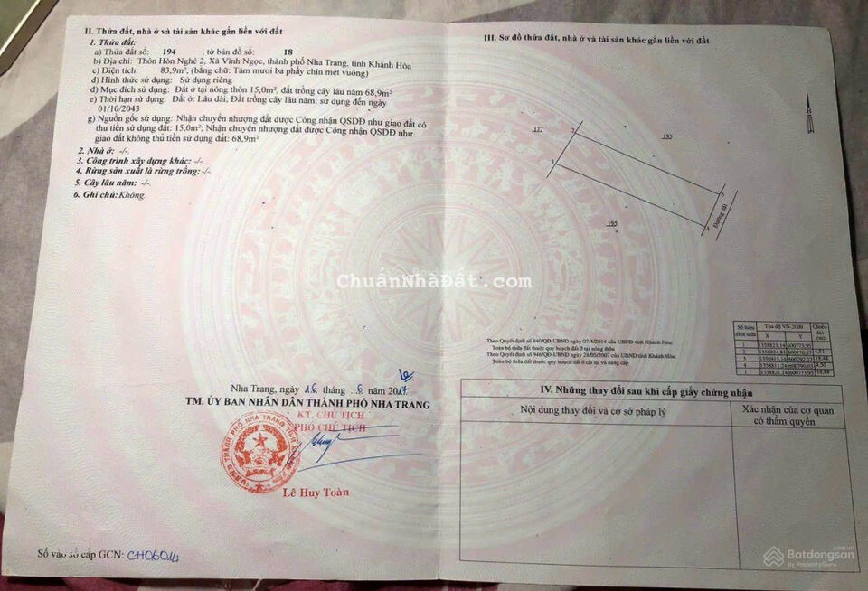 Bán đất thôn Hòn Nghê 2, xã Vĩnh Ngọc, Nha Trang. Dt:84m2.Sổ hồng thổ cư. Giá:1,2 tỷ. Lh:0931183878
