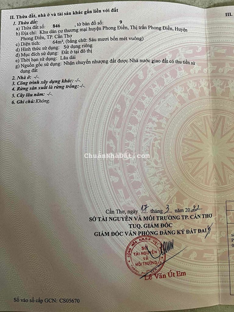 2 NỀN ĐỐI DIỆN ĐƯỜNG SỐ 5 TtTM PHONG ĐIỀN GIÁ RẺ THU HỒI VỐN