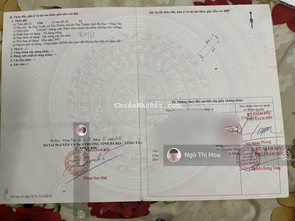 Chính chủ bán đất ngộp Tân Phước 516m2 từ ngã 3 Cảng Cái Mép vào 600m nằm gần TĐC Tân Phước