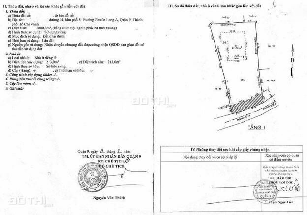 Bán đất Quận 9, mặt tiền đường 14, DT đất hơn 1000m2, sổ hồng, hiện nhà nát
