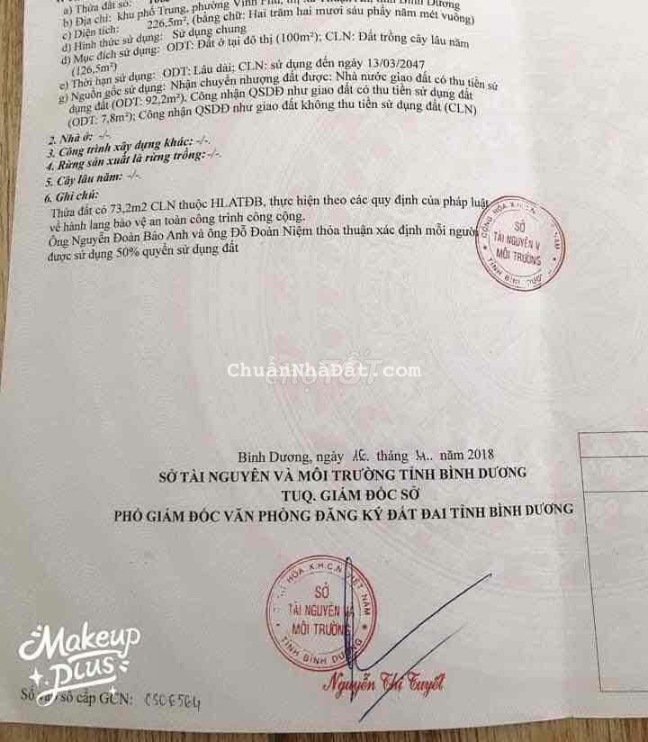 ĐẤT DT 226M MẶT ĐƯỜNG VĨNH PHÚ 21 GẦN PHƯƠNG NAM