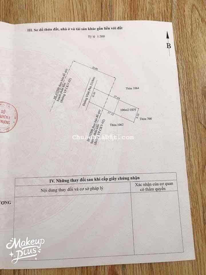 ĐẤT DT 226M MẶT ĐƯỜNG VĨNH PHÚ 21 GẦN PHƯƠNG NAM