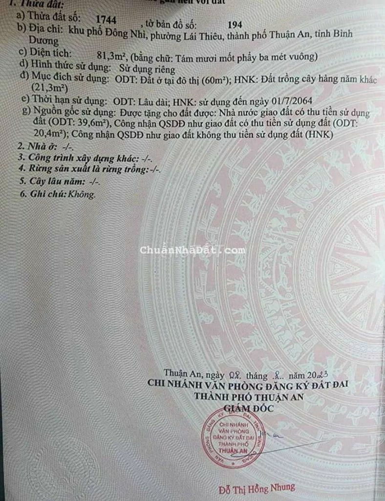 Đất ngay trung tâm lái thiêu  giá 1ty750tr