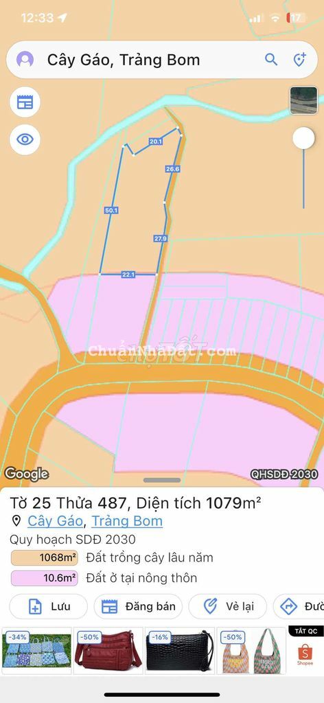 Đất sổ đỏ 1000m2 có 100m2 thổ cư tại xã cây gáo trảng bom