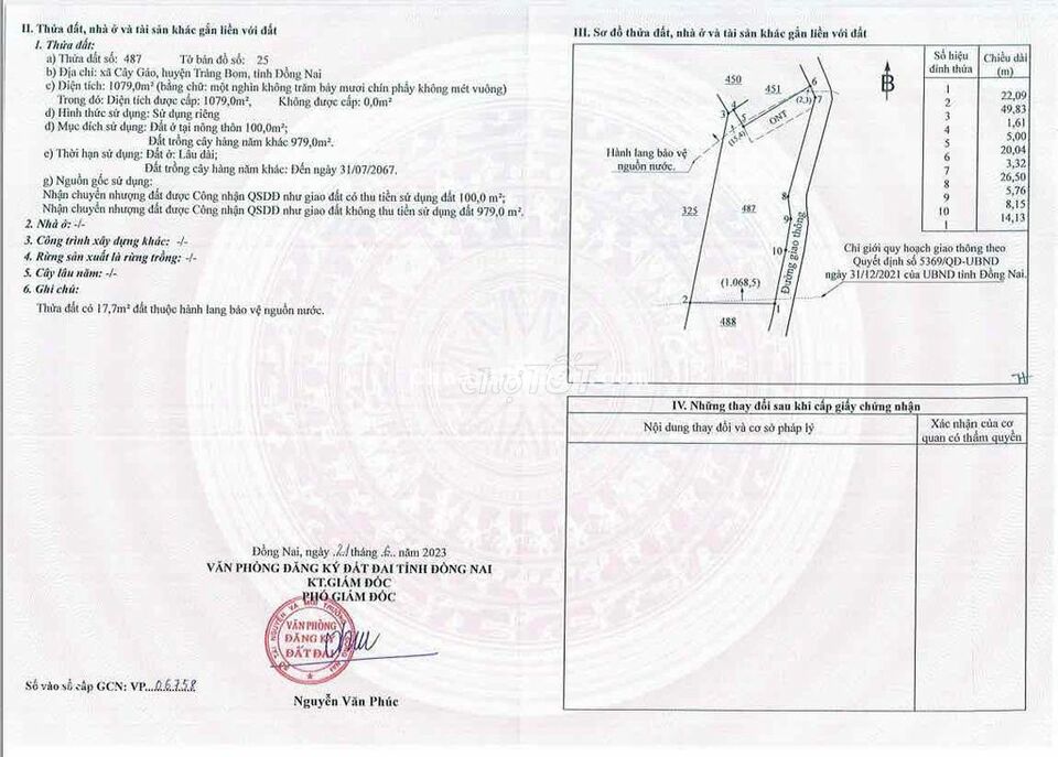 Đất sổ đỏ 1000m2 có 100m2 thổ cư tại xã cây gáo trảng bom