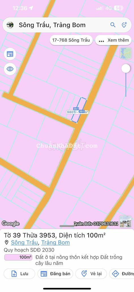 100m2 Thổ Cư góc 2 MT Sông Trầu - Trảng Bom 9xxtr Tl