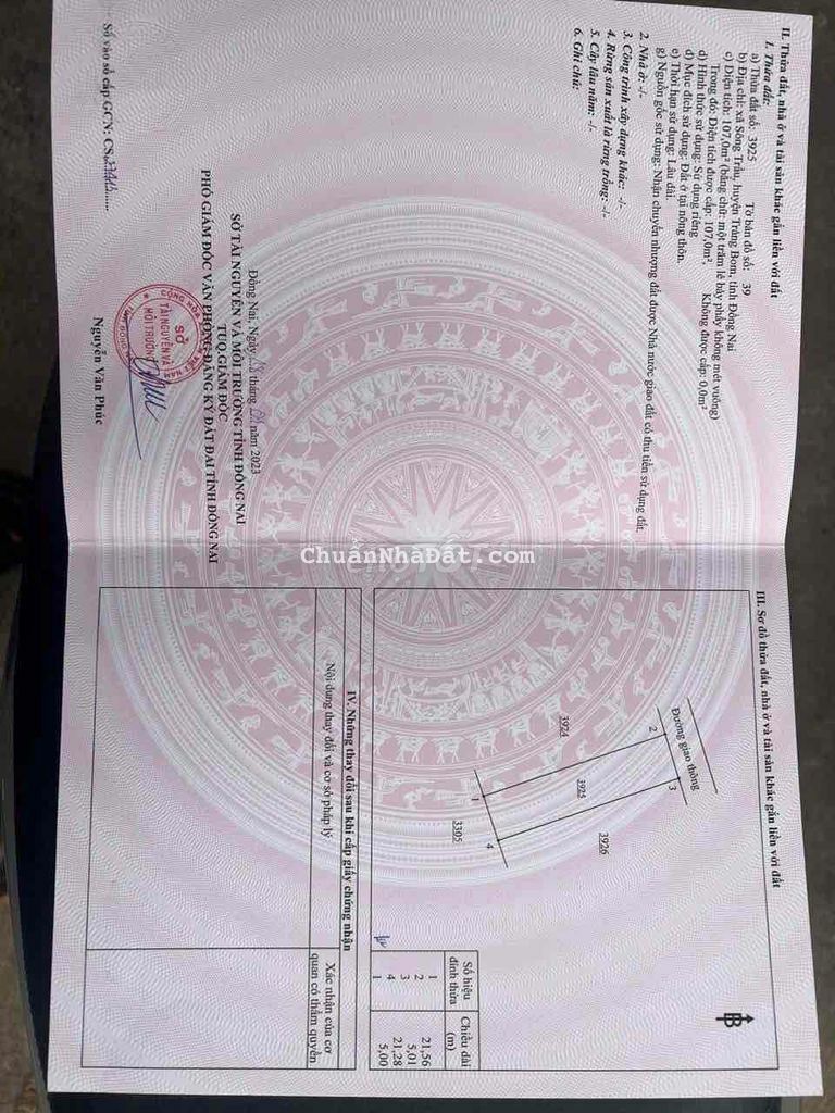 Đất sổ đỏ 107m2 full thổ cư tại xã sông trầu gần sát thị trấn TBom