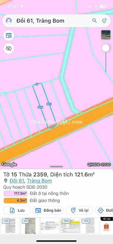 Đất sổ đỏ 6x20 full thổ cư đường nhựa lớn kinh doanh