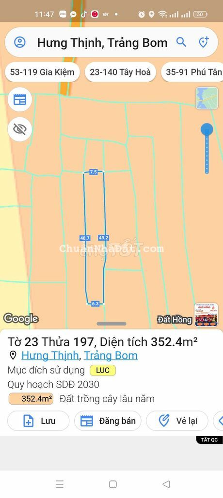 Lô đất SHR quy hoạch cay lâu năm 298m2 giá 239tr