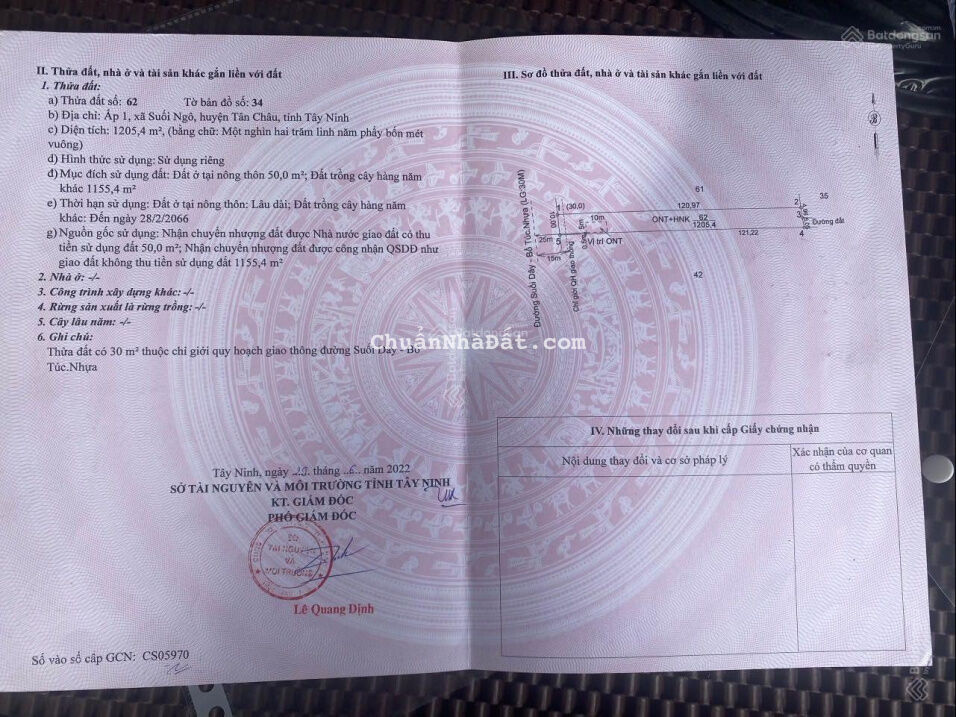 Chủ ngợp bán gấp đất 2 mặt tiền ĐT795 Suối Ngô Tân Châu Tây Ninh giá 1 tỷ 280/1200m2