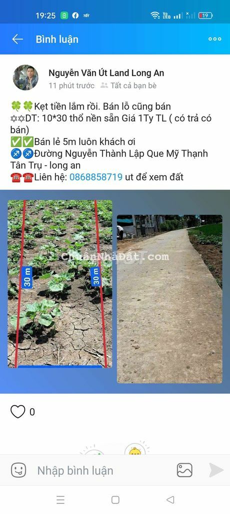 bán nhanh 300m thổ mt nguyễn thành lập quê mỹ thạnh tân trụ