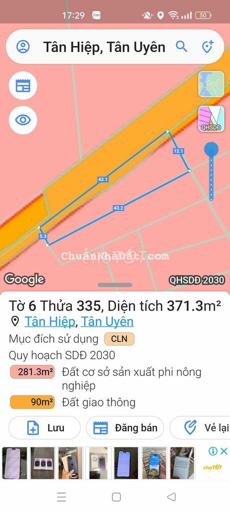 Bán Đất SKC sản xuất phường Tân Hiệp, Tân Uyên DT 7.700m2 Giá 34,5 tỷ