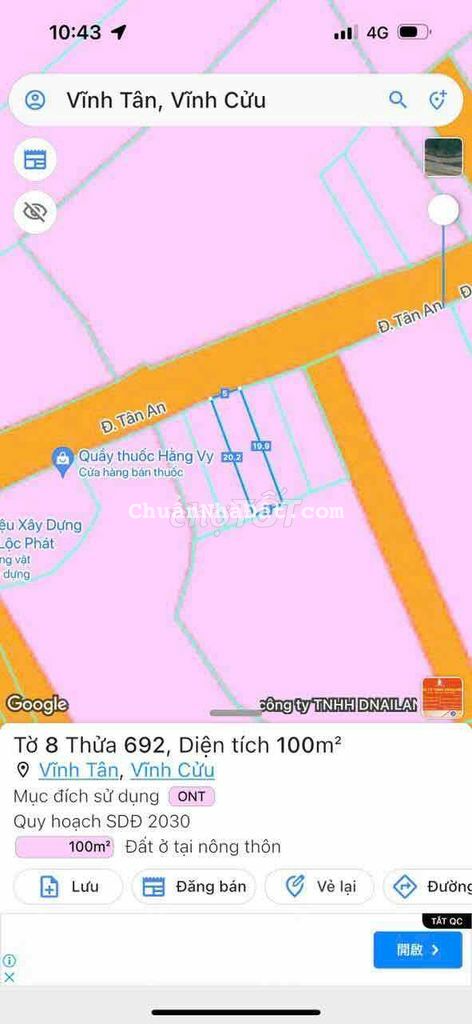 Đất sổ riêng thổ cư 100m2 Đường Tân An xã Vĩnh Tân Vĩnh Cửu Đất sổ riêng thổ cư 100m2 Đường Tân An xã Vĩnh Tân Vĩnh Cửu