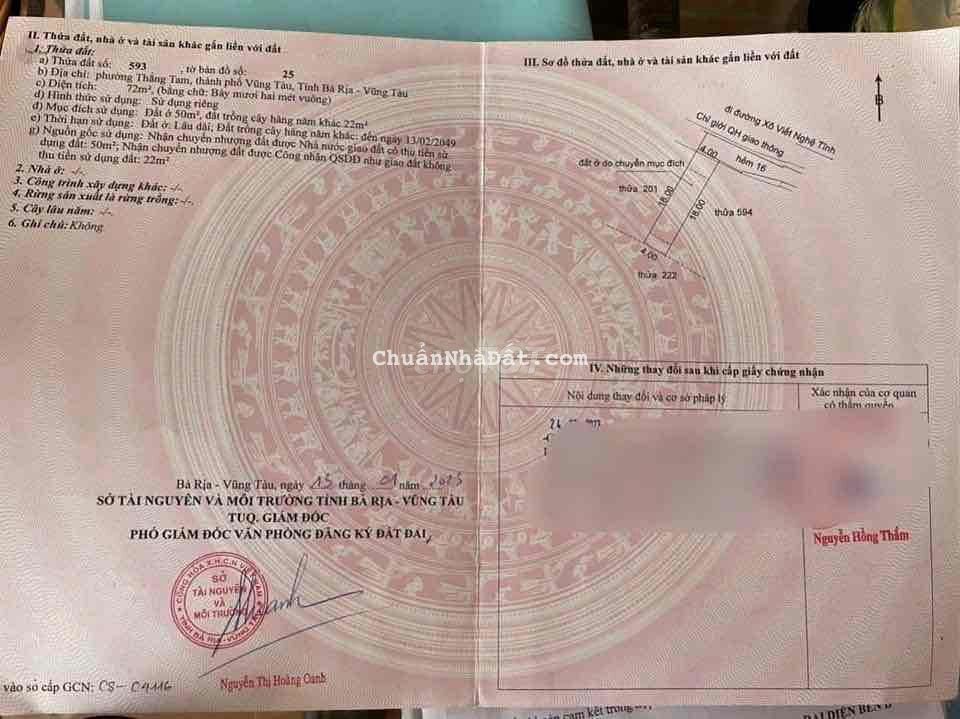 BÁN 72m(4x18) ĐẤT HẺM ĐASU XÔ VIẾT NGHỆ TĨNH TP. VT GIÁ 2,9 TỶ