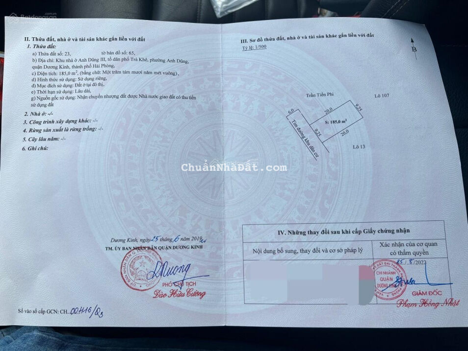 Bán đất biệt thự Anh Dũng 3, Dương Kinh. DT 185m2 ngang 9.25m. Hướng Tây Nam. Vị trí cực đẹp