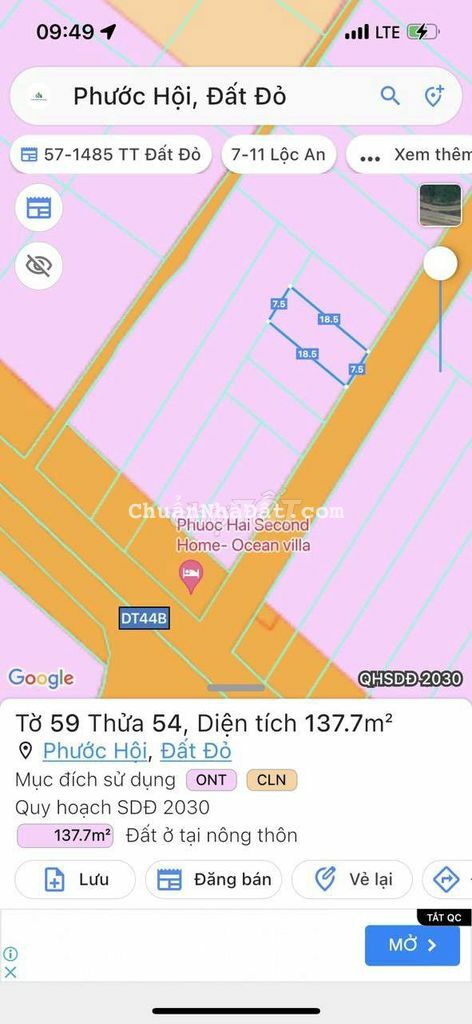 ĐẤT MT ĐƯỜNG NHỰA XÃ PHƯỚC HỘI SÁT ĐƯỜNG TL44B DT 13,7m2 có 100m2 tc