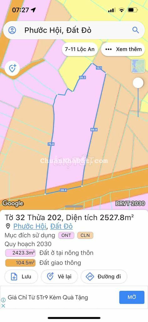 SIÊU RẺ GIÁ CHƯA TỪNG CÓ 2527M2 PHƯỚC HỘI GẦN BIỂN PHƯỚC HẢI 28Mx86M